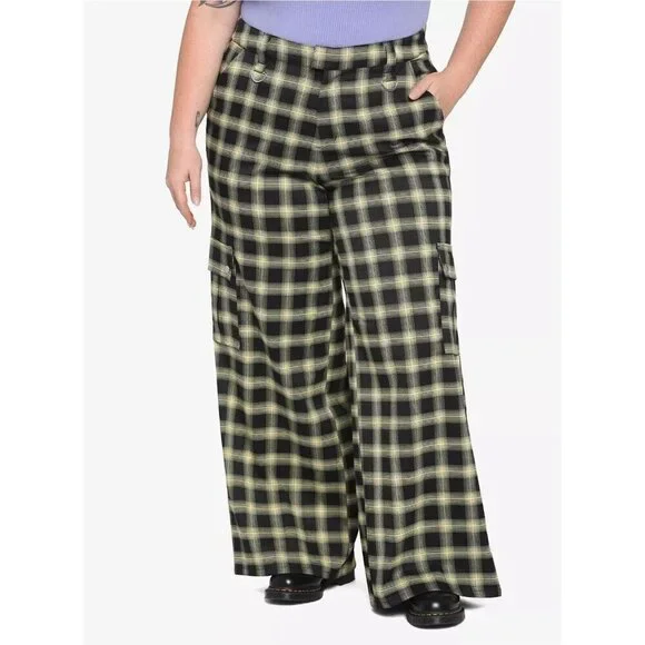 Hot Topic Yellow Black Plaid Wide Leg Cargo Pants Punk Goth Retro Y2K